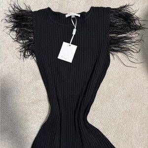 Sioni Black Ribbed Tank Top with Feather Accents